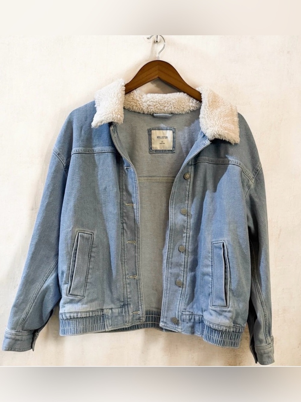 Hollister Light Blue Denim Jacket with Cream Sherpa Collar